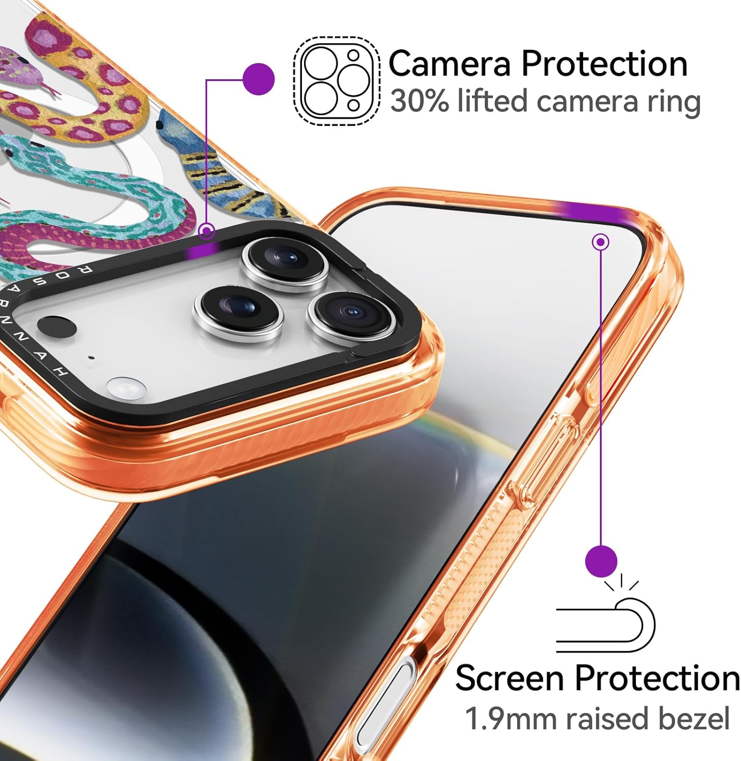 Rosarnnah for iPhone 17 Pro Case Cute - Compatible with Magsafe - Military-Grade 6.6 ft Drop Protection Shockproof Phone Case - Snake Design (6.3') Cosmic Orange