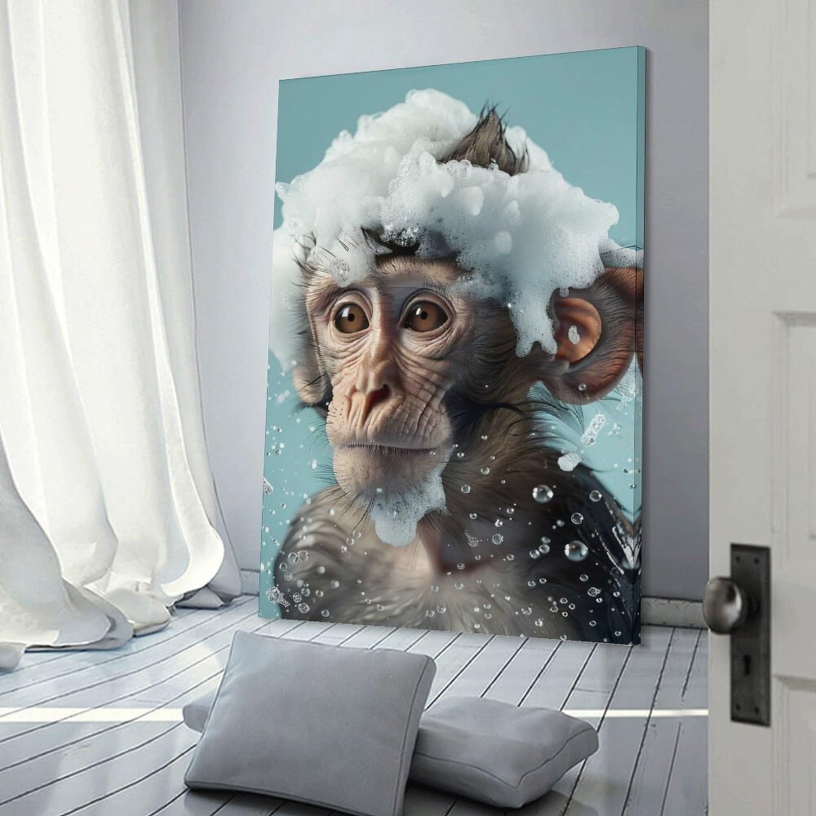 Junmoney Monkey with Soap Suds Wall Art Print, 24x36inch(60x90cm), for Bedroom Decor, Cosy Corners Or Studios, Decorative Wall Art for Cosy Rooms