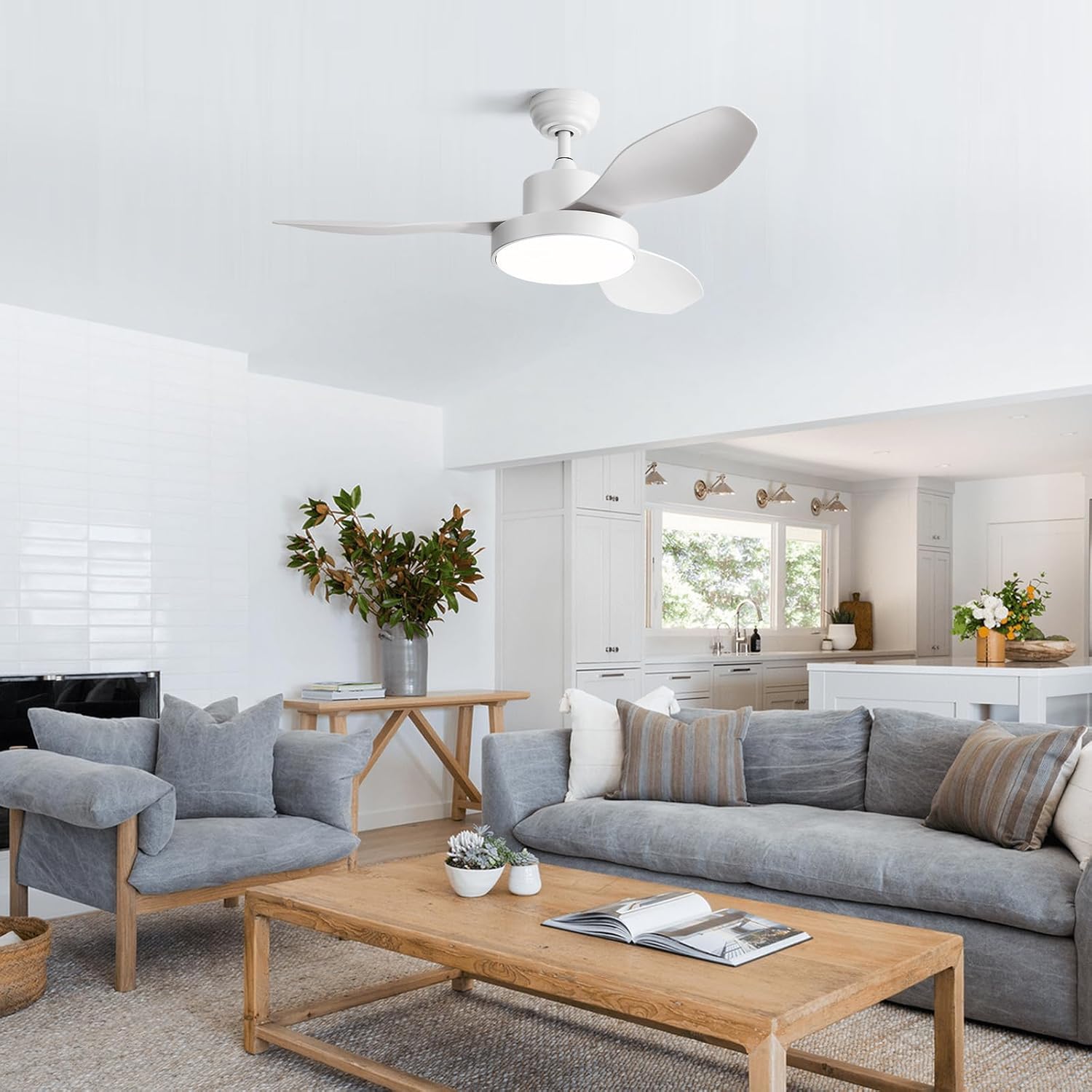 Sofucor 48 Inch Ceiling Fan with Lights and Remote Flush Mount Modern Outdoor Ceiling Fans with 3 CCT Dimmable, 6 Speed, Quiet DC Motor &Timer for Bedroom Patios Indoor White