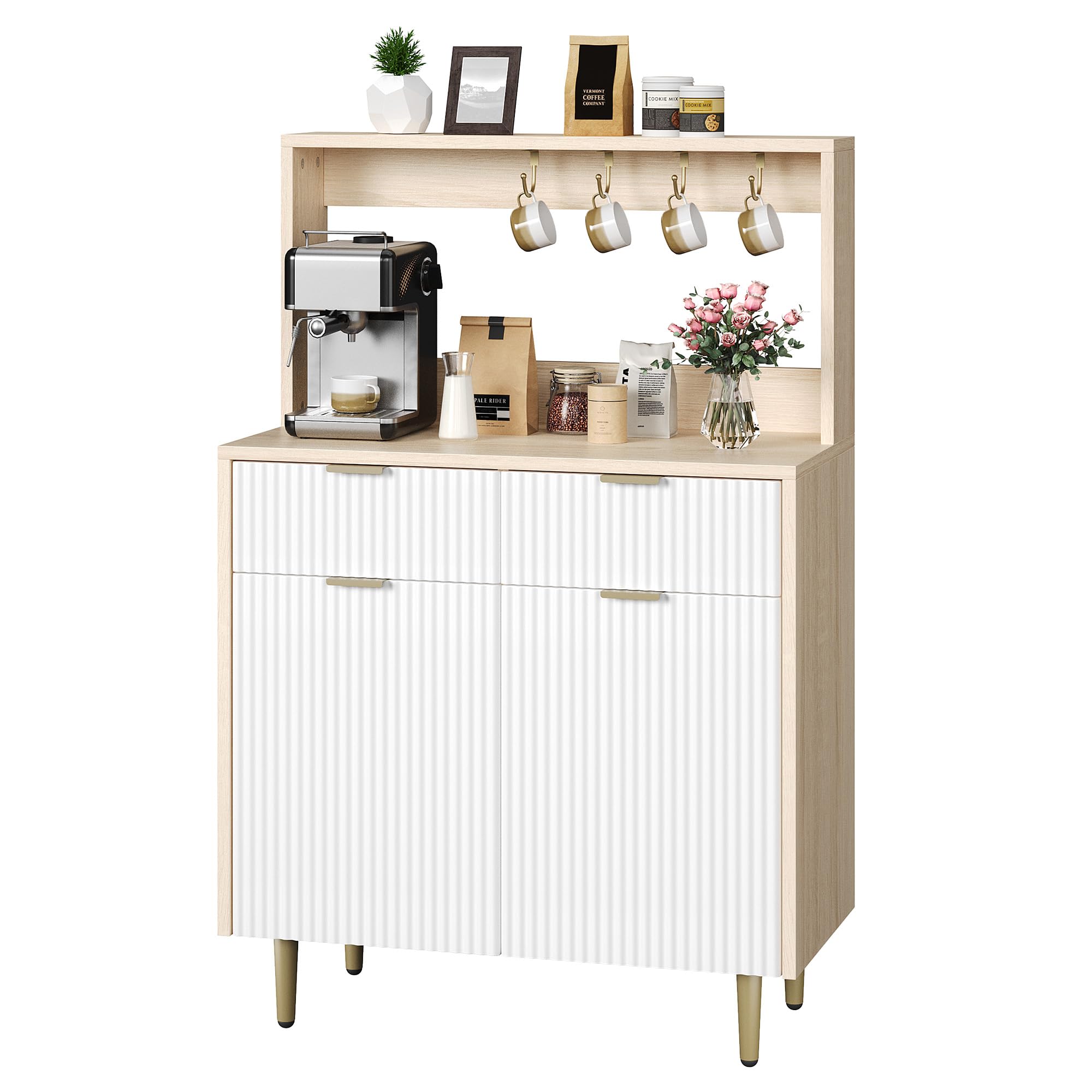 Buffet Moderne à façade cannelée avec 2 tiroirs et étagères réglables – Meuble de Rangement Polyvalent pour Salle à Manger, Salon ou Cuisine – Bois Naturel avec façades de tiroirs Blanches