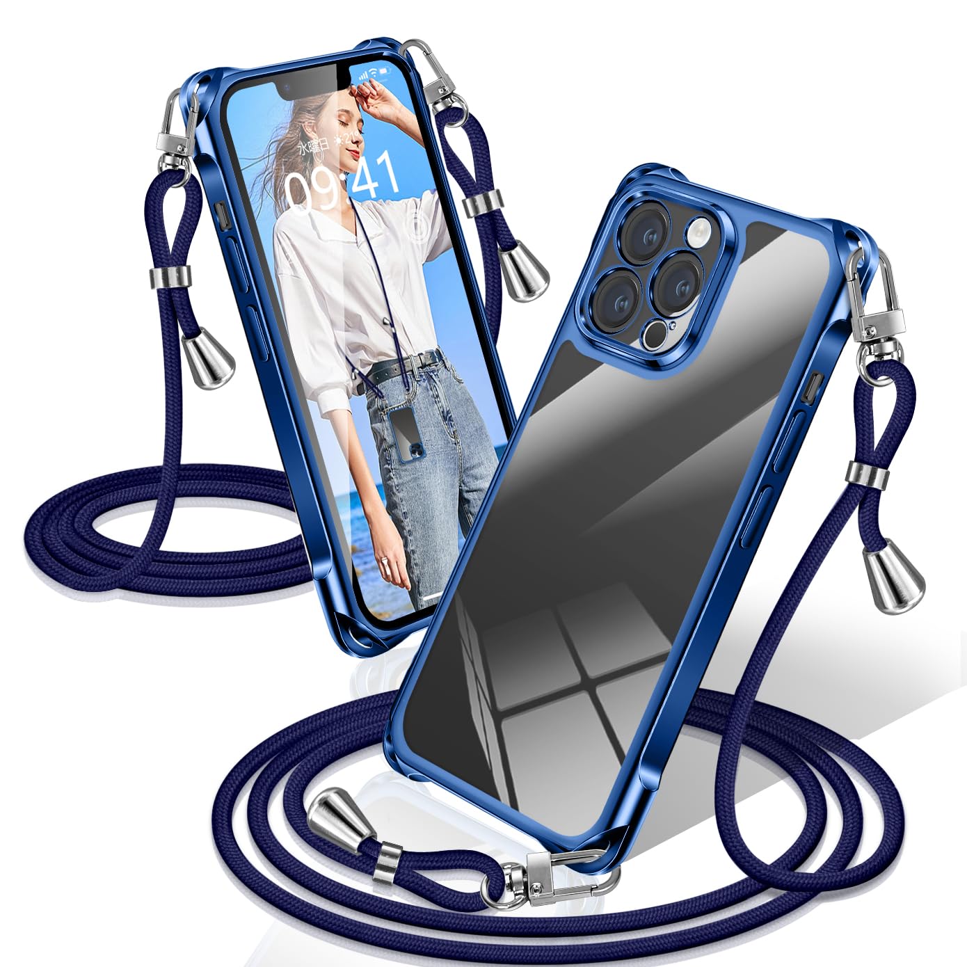 XIOYATY 用の iPhone 12 Pro Max ケース クリア ショルダー 耐衝撃 アイフォン12 Pro Max カバー 透明 クロスボディショルダー 電気メッキ加工 ファッション設計 長さ調整 TPUスマホ ポータブル 落下を防ぐ 四隅の保護 (ブルー)