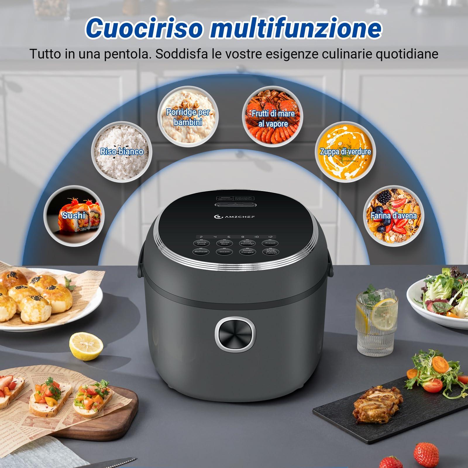 AMZCHEF Mini Cuociriso 2L, Multifunzionale per 1-4 Persone, 4 Tazze (Non Cotte) 400W Rice Cooker, 7 Funzioni di Cottura, con Cestello Vapore Incluso, Preimpostata e Mantenimento in Caldo