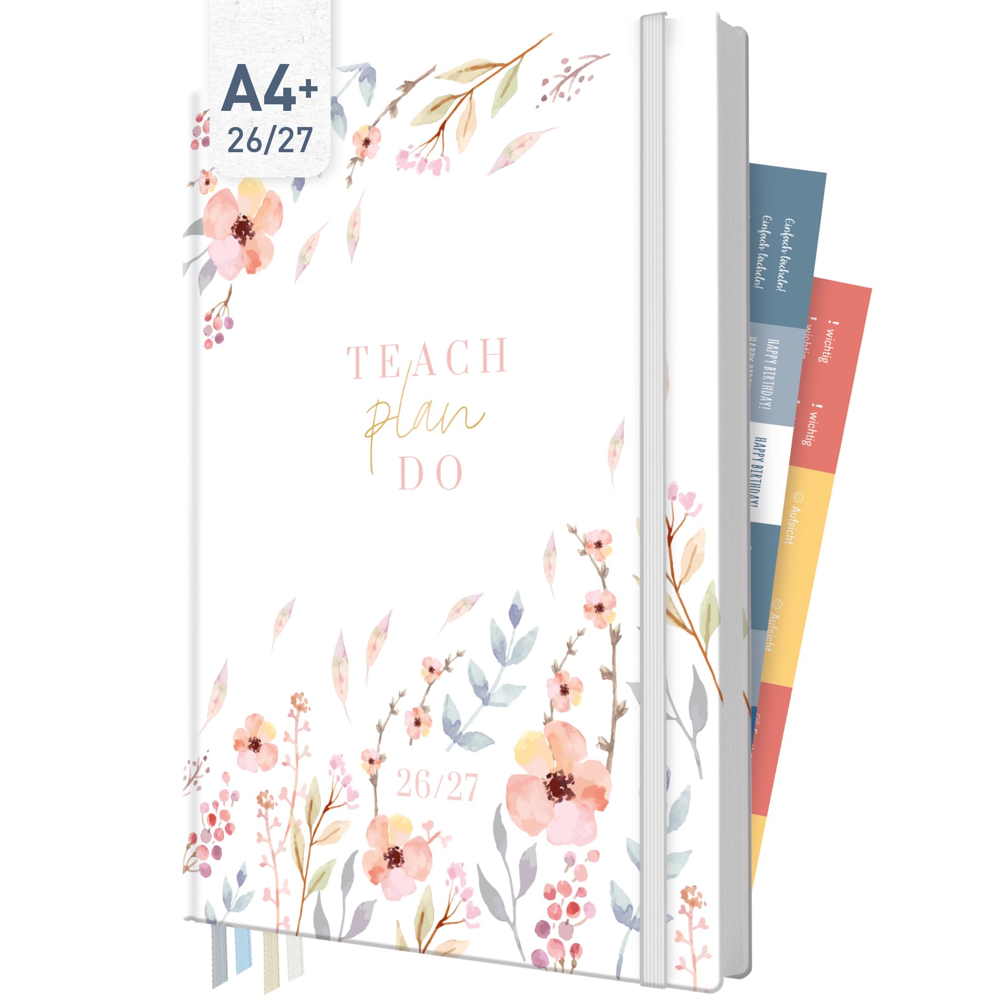 Häfft® Lehrerplaner 2026/2027 im A4+ Format - Großer Lehrerkalender & Schulplaner für das Schuljahr 26/27 – Hardcover mit 4 Lesebändchen, Notenlisten & Stickern "Sweet Flowers"