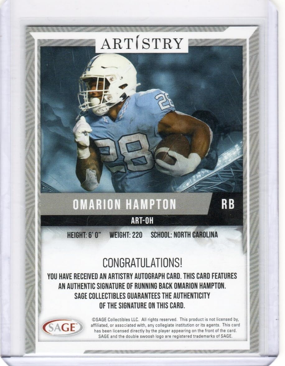 Omarion Hampton Autographed Red Artistry Rookie Card Collectible Football Card - 2025 Sage Football Card #ART-OH (Tar Heels)