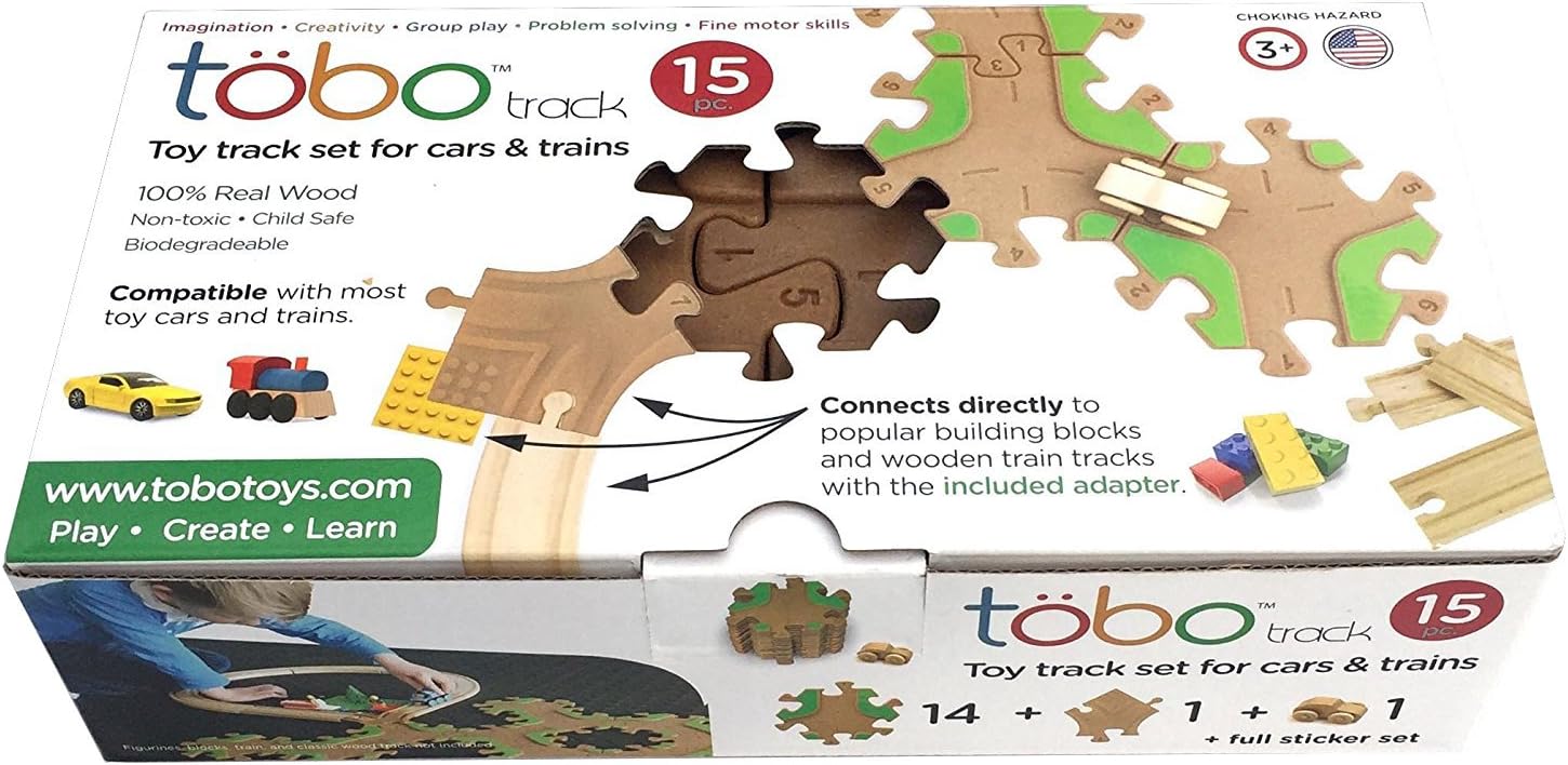 Tobo Track 15. The Smartest Fun Track for Your Kids - Brain Toy Award Winner Connects Directly to Thomas, Brio, Lego and Other Sets - Toddler Safe Eco Friendly Wood - Made in USA.