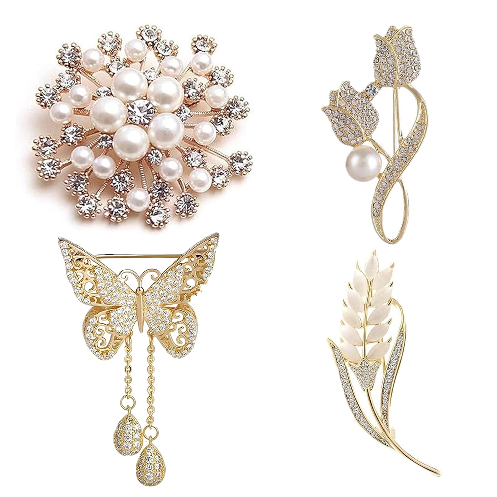 Brooch Pin for Women, Set of 4 Golden Snowflake Butterfly Tulip Wheat Designs, Fashion Accessories for Sarees Blazers Hijabs, Formal Party Wedding Occasion Wear-image-42