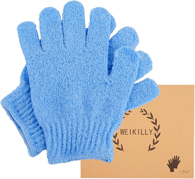 Bath Gloves for Shower, 1 Pair Natural Bamboo Exfoliating Wash Gloves for Body and Face, Both Gloves Body Shop for Adults and Kids (Blue)