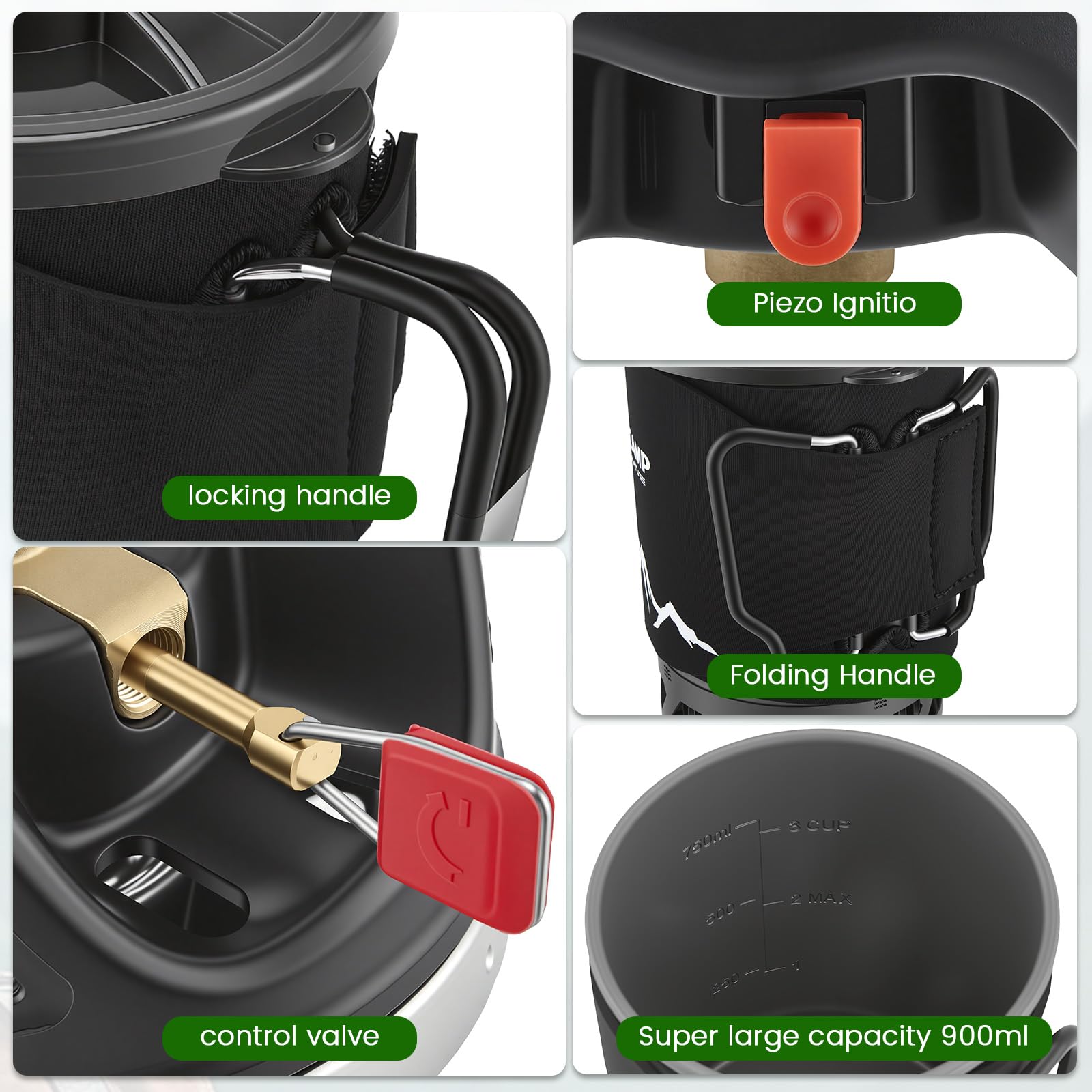 0,9L Réchaud de Camping Gaz Ultra-Léger Système de Cuisson Intégré, Couronne Énergétique, Allumage Piézo & Pot Support – Brûleur Portable Éco-énergétique pour Randonnée, Trekking et Backpacking