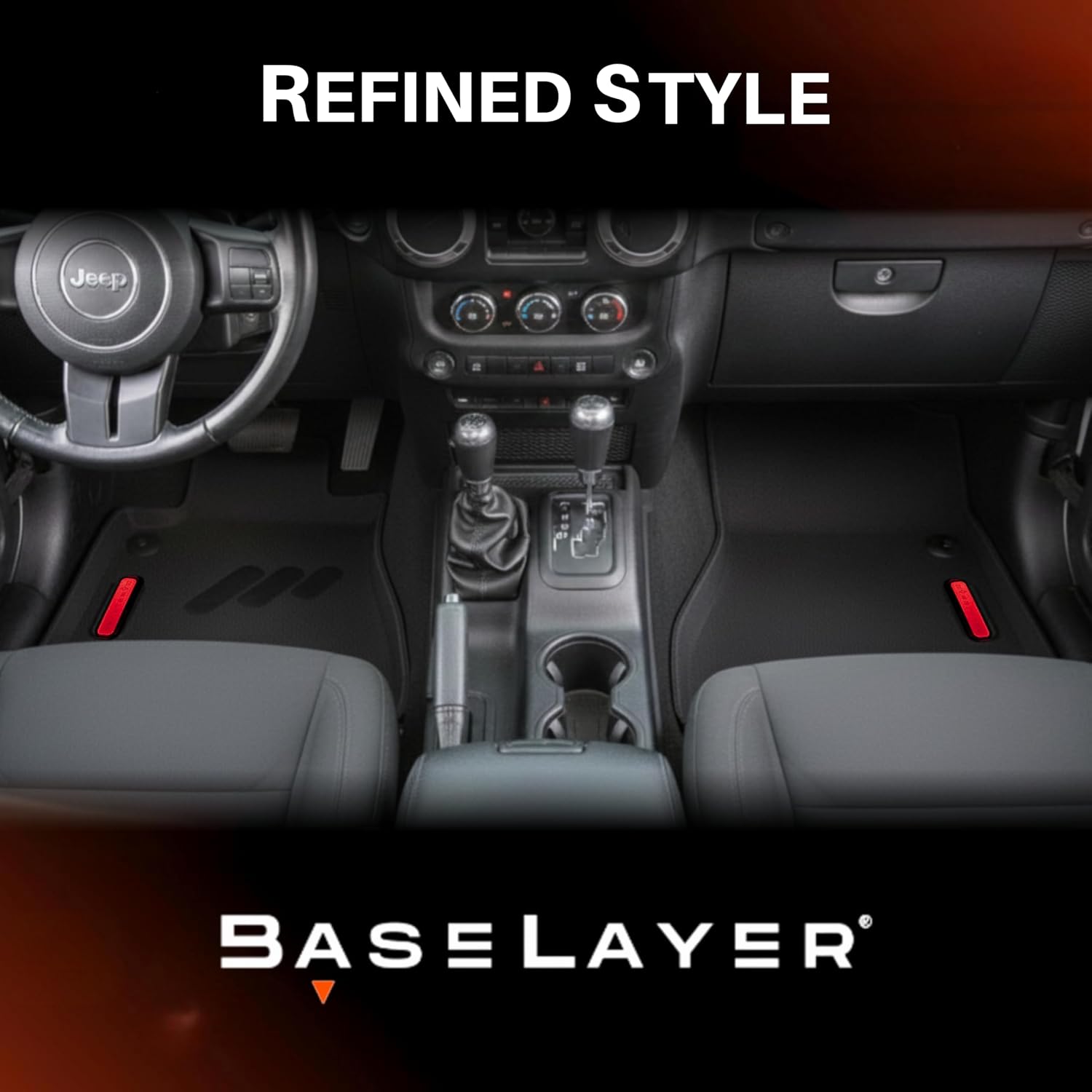 BaseLayer Elite Floor Mats for Jeep Wrangler JK Unlimited (2014-2018) 4-Door - Made in USA – Premium All-Weather Mats for Rubicon, Willys, Sahara, Moab - NOT for Wrangler JL - Front & Rear (Red Logo)