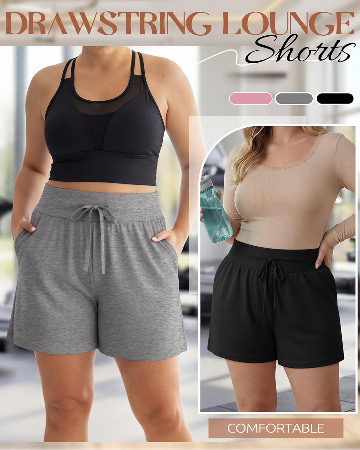 Neer 3 Pack Women's Plus Size Sweat Shorts, Drawstring Lounge Shorts Casual Summer Lightweight Soft Shorts with Pockets