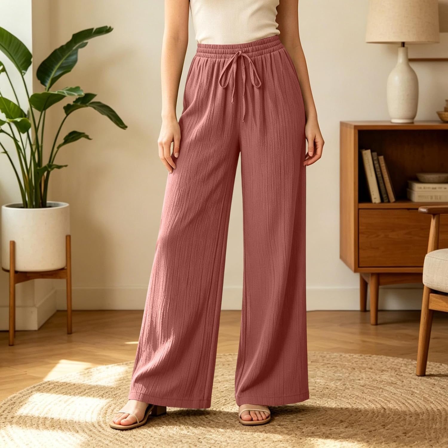 Women's Drawstring Wide Leg Pants for Outgoing, Casual Lightweight Summer Beach Vacation Slacks Flowy Trousers
