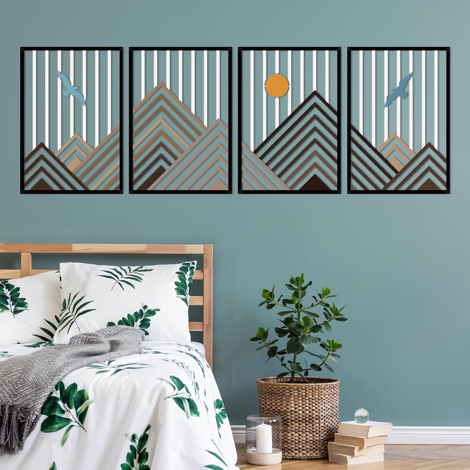 Resama 4 Panels Geometric Mountain Wall Art, Bird & Sun Nature Metal Wall Decor, Modern Abstract Mountain Range Wall Sculpture for Living Room Bedroom, Minimalist Home Hanging Art