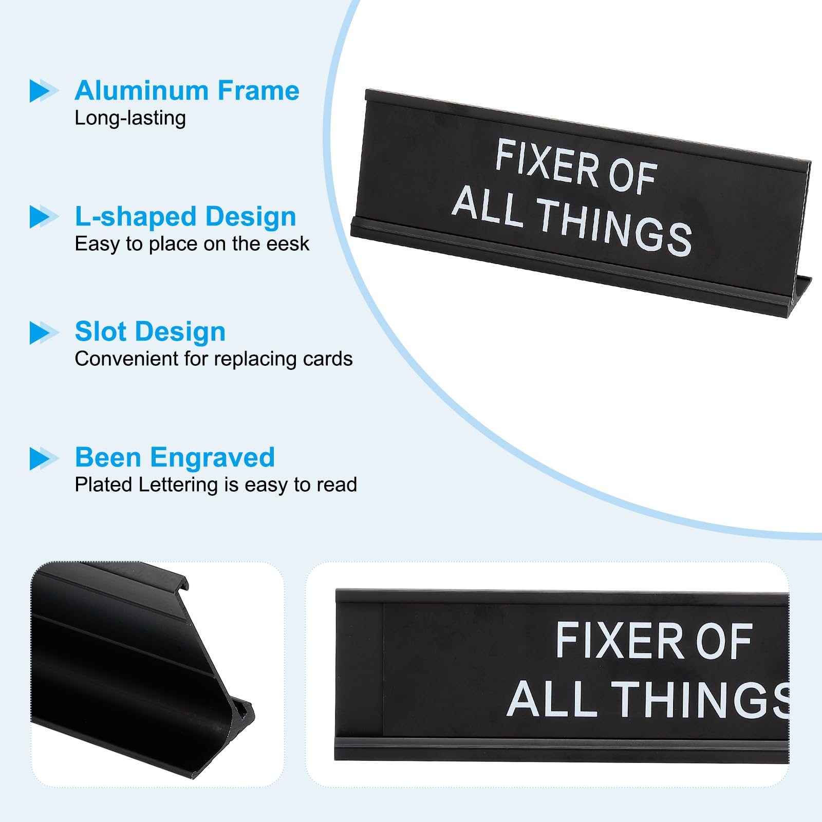PATIKIL Funny Nameplate, 7"x2" Novelty Desk Sign Plaque Aluminum Desk Name Plate with Base for Office Black White (Fixer Of All Things) - Image 3
