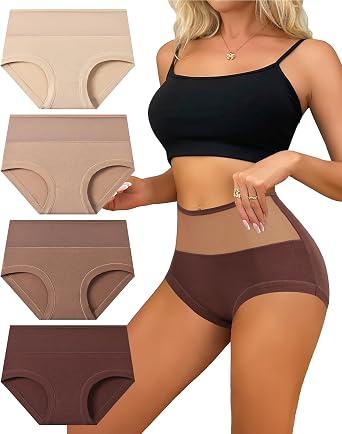 Womens Cotton High Waisted Underwear 4 Pack, Full Coverage Stretch Briefs, Soft Breathable Ladies Panties