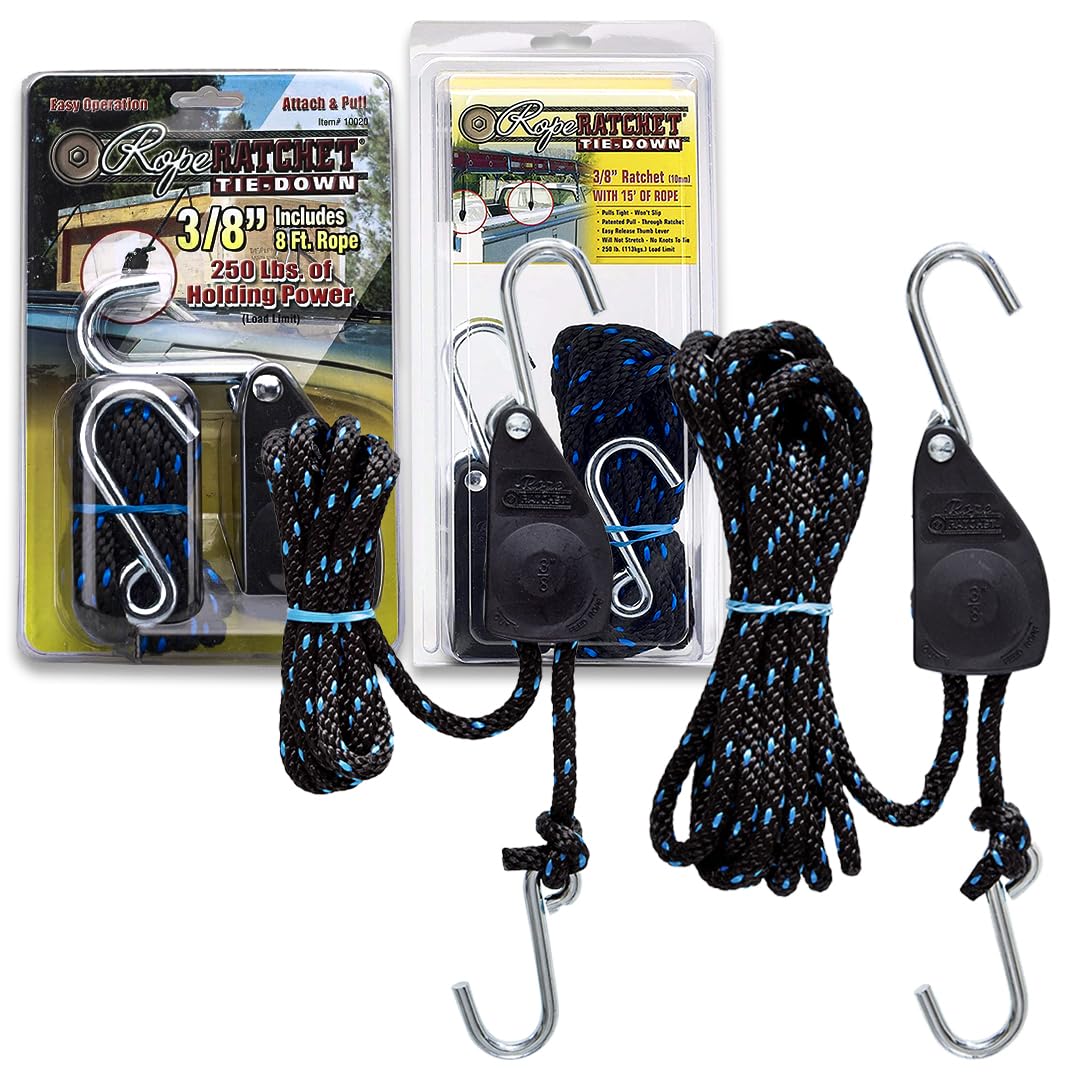 Rope Ratchet Tie Down Rope 3/8" - 8ft and 15ft Braided Polypropylene, Rope Ratchet Hanger - 250lb Capacity
