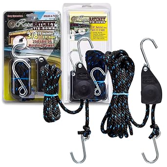 Rope Ratchet Tie Down Rope 3/8" - 8ft and 15ft Braided Polypropylene, Rope Ratchet Hanger - 250lb Capacity