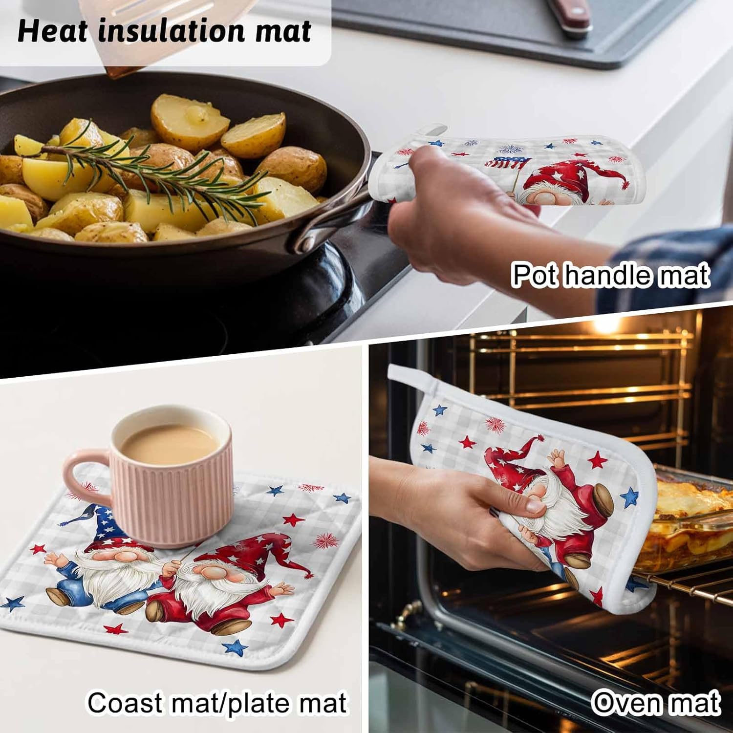 5 Pack Pot Holders for Kitchen, Independence Day Hot Pads for Kitchen Countertops Oven Pot Holder Bulk, Modern Gnomes Star Grey Checkered Heat Insulation Potholders with Hanging Loops