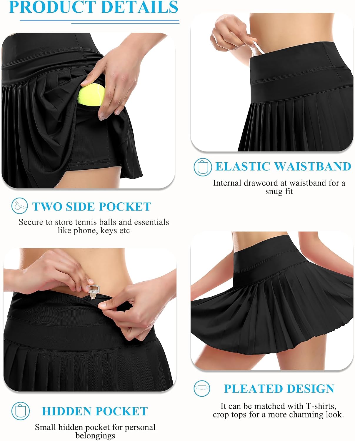 DERCA Pleated Tennis Skirt for Women with Pockets Shorts Athletic Golf Skirts Workout Sports Activewear Skort