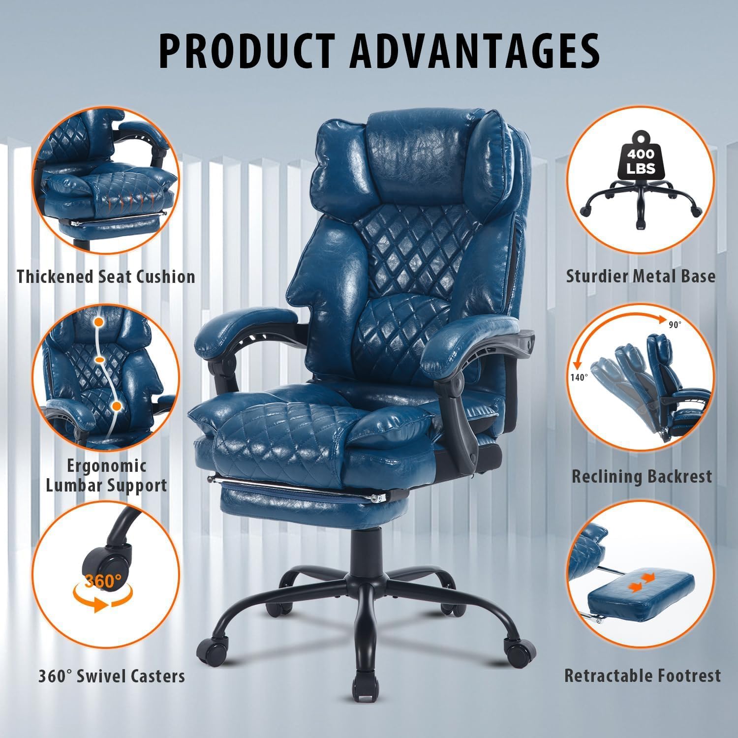 Big Tall Reclining Office Chair with Footrest, 400lbs Ergonomic Recliner Office Desk Chairs with Lumbar Support, Heavy Duty High Back Vintage Leather Executive Computer Chair with Wheels, Blue