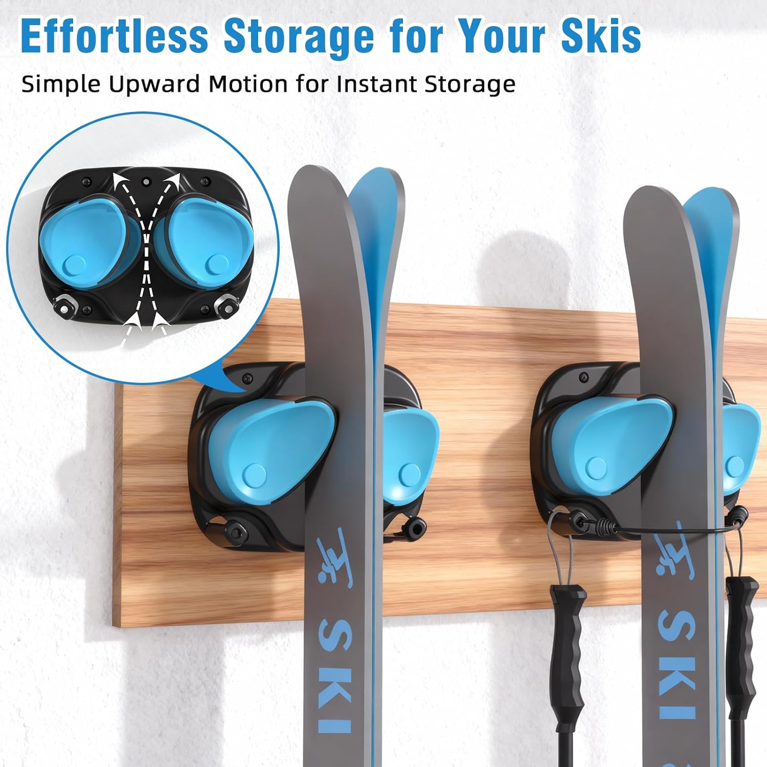 WDZREE Ski & Snowboard Wall Rack for Garage, Fits Any Ski or Board, Ski Wall Mount Garage Organization Holders, Damage-Free Storage Rack, Space-Saving Clamp Winter Gear Organizer, Blue (4 Pack) - Image 5