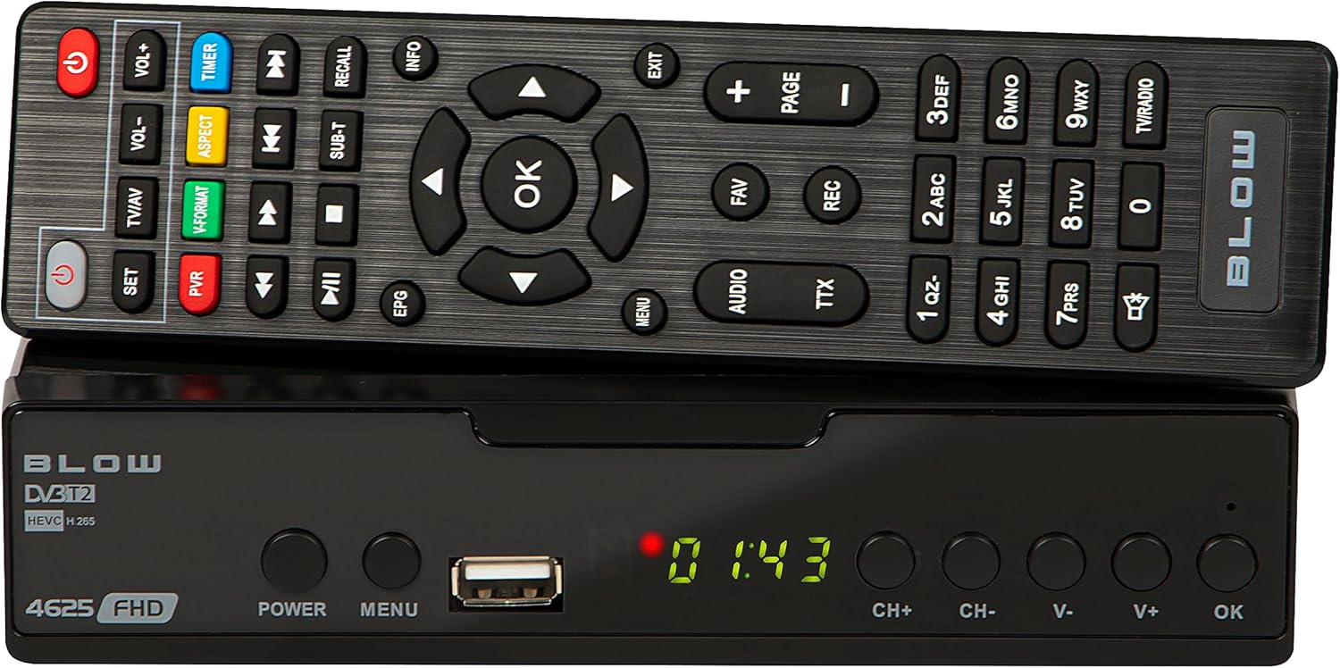 BLOW 4625FHD DVB-T2 Tuner Front Panel and Remote Control