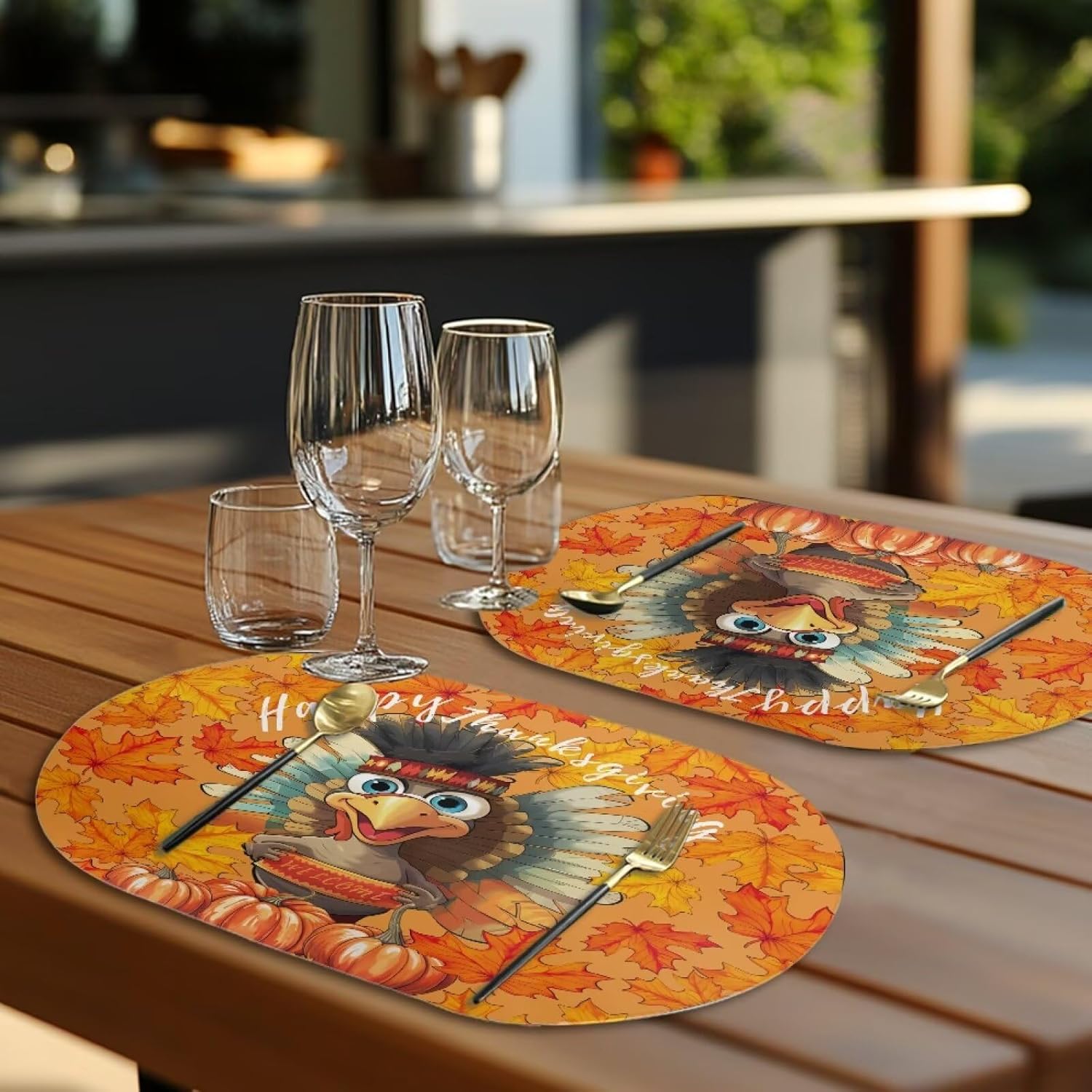 Happy Fall Turkey Pumpkins Table Placemats Oval Placemats Set of 6 Faux Leather Design Double Sided Place Mats Kitchen Placemat Set for Wedding, Birthday, Garden Party Accessory Decoration