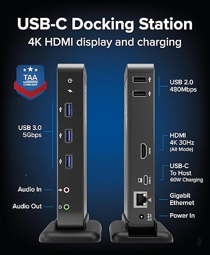 Miniatura 2 de Plugable Base USB-C con HDMI 4K y carga de 60 W, compatible con Thunderbolt 34, USB4 y USB C macOS, Windows y Chromebook Ethernet de 1 Gbps, 3 USB