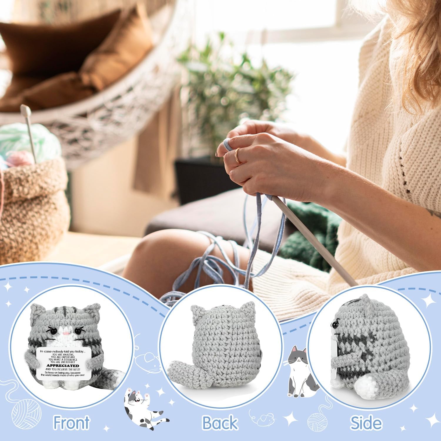 Positive Crochet Cat, Emotional Support Animals, Handmade Cats Decorations for Family Women Men Worker, In Case Nobody Told You Today, Mini Funny Positive Animals - Image 3