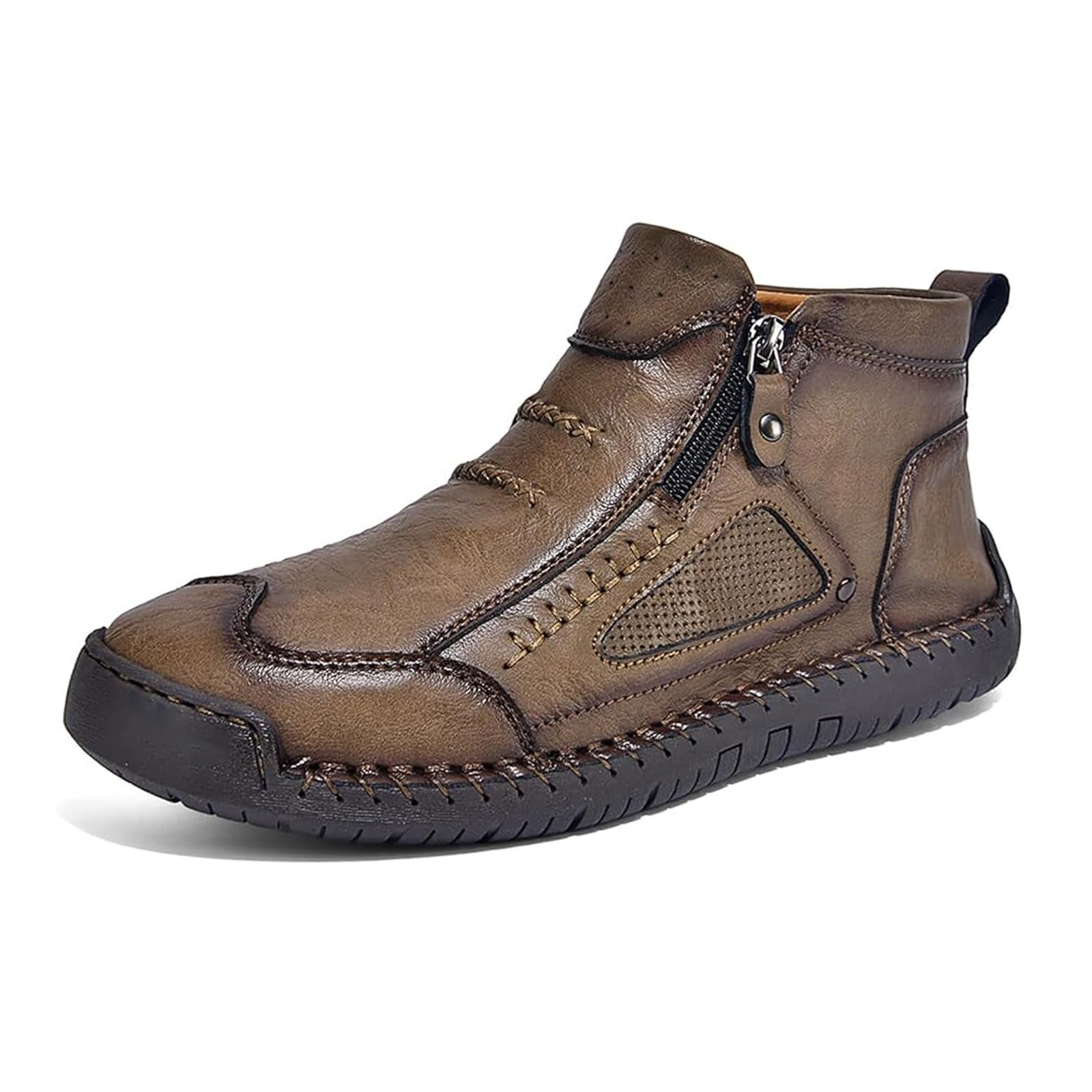 YHTRFDMSG Men's High Top Loafers Shoes,Handcrafted Leather Waterproof Non-Slip Orthopaedic Ankle Boots Side Zipper Hiking Orthopedic Fleece Slip-On Footwear for Outdoor Walking — view 11