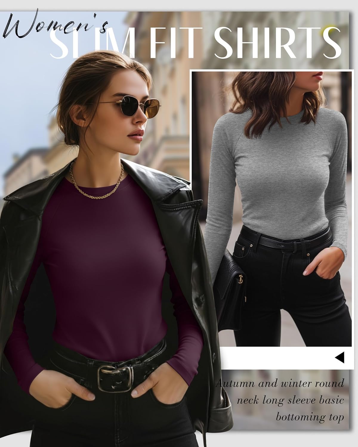 4 Pack Women's Long Sleeve Shirt Slim Fit Crew Neck Tops Casual Basic Stretch Cotton Blend Fall Going Out Outfits - Image 3
