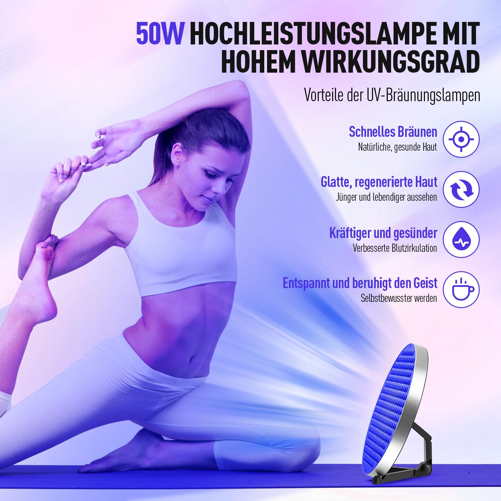 Solarium para el hogar, lámpara de bronceado portátil de 50 W con gafas de sol, lámpara de bronceado con 250 ledes 460 NM, soporte ajustable plegable, lámpara de sol bronceadora facial para cuerpo y