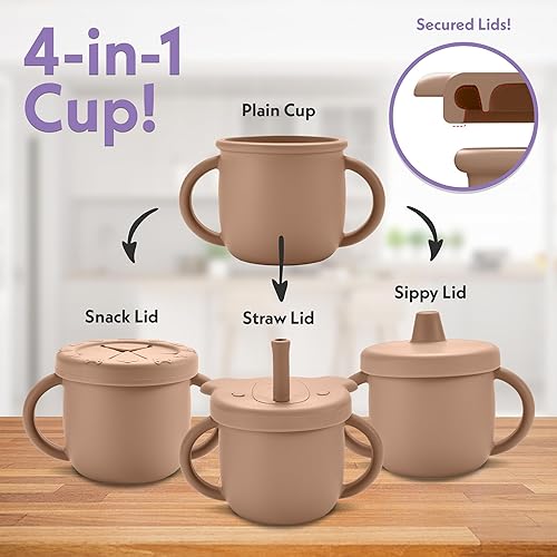 Miniatura 2 de elbebe Vaso de entrenamiento de silicona para bebés, vasos versátiles sin BPA para bebés con 3 tapas y pajilla, taza para beber para bebé con