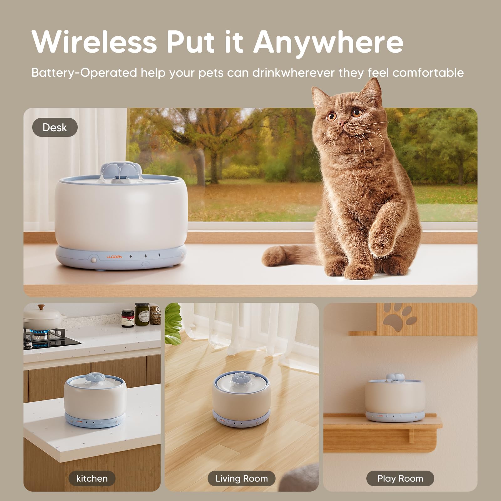 WOPET Fuente de agua inalámbrica para gatos, 3L/2,863.3 g W03, elegante fuente de agua de cerámica para mascotas, dispensador de agua para gatos y perros, funciona con pilas de 5000 mAh
