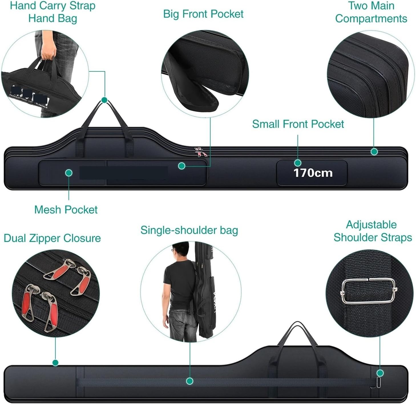 PETRELS Fishing rod bag 170cm Fishing Bag Portable Folding Fishing Rod Reel Bags Fishing Pole Gear Tackle Tool Carry Case Storage