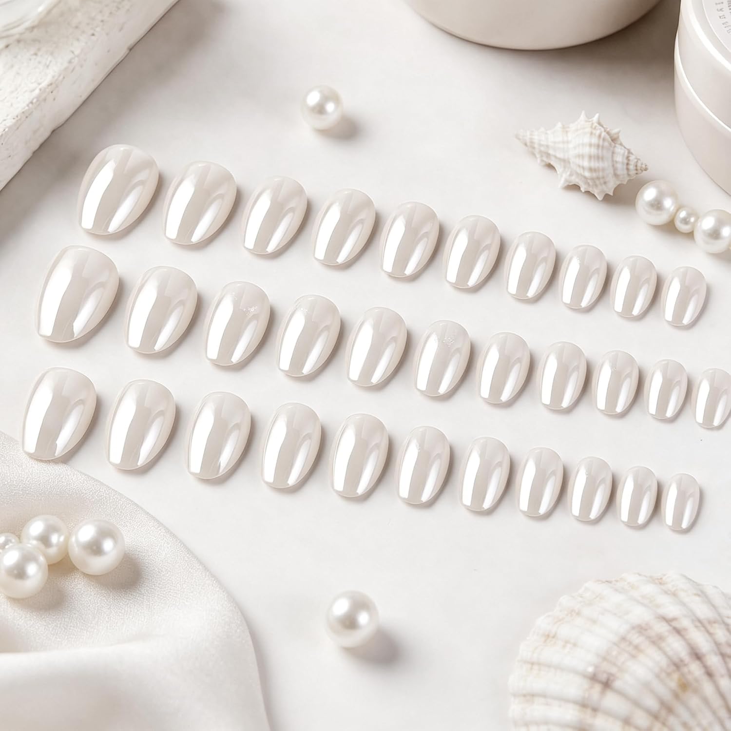 KQueenest Chrome Press On Nails Short Oval, 32 Pcs Glazed Pearl White Fake Nails Press ons Almond, Shiny Glue on Nails for Women in 16 Sizes - Salon-Quality Stick On Nail Kit with Glue and Tabs