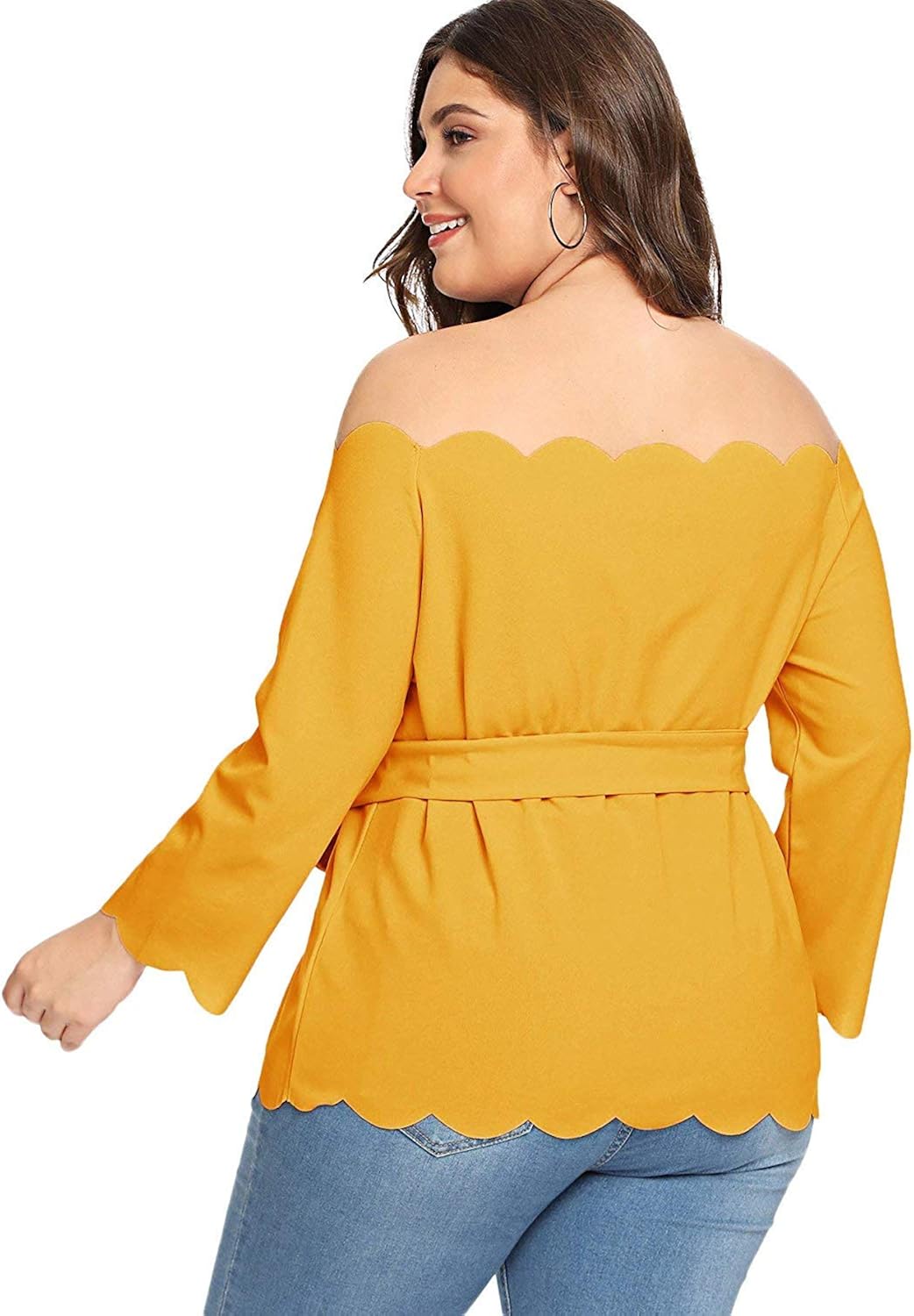Romwe Women 's Plus Size 3/4 Sleeve Off The Shoulder Top Scalloped Peplum Blouse with Belte