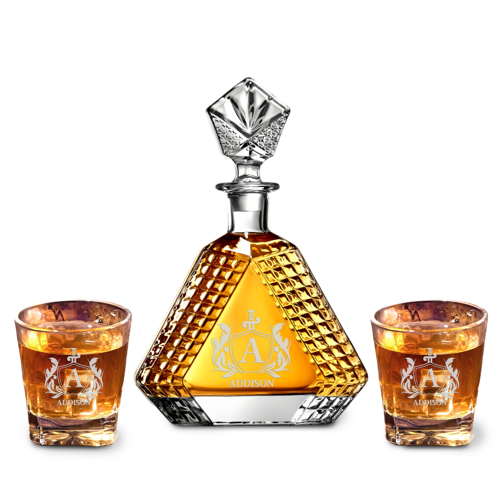 Personalized Triangle Whiskey Decanter Set for Men 650ml Luxury Gift for Groomsman, Liquor Decanters with 2 or 4 Glasses for Birthday, Retirement, Weddings - 24 Engraved Design Options