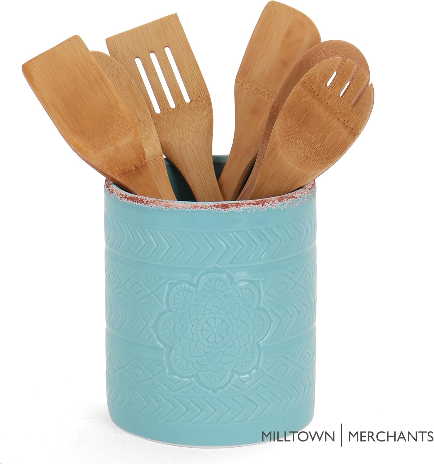 Milltown Merchants Ceramic Utensil Holder - Kitchen Utensil Holder - Boho & Bohemian Decor - Utensil Crock & Caddy/Container - Modern Farmhouse Decor for the Home & Kitchen