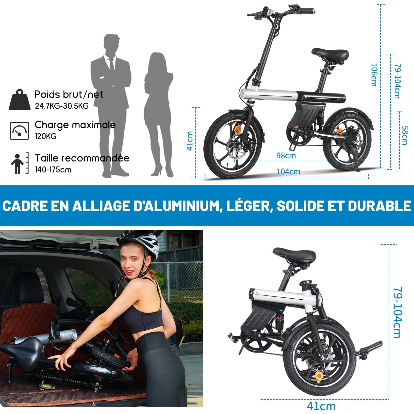 16" Vélo Électrique Adulte Ados - Autonomie 30-50km Velo Electrique Pliable,Ebike VTT Tout-Terrain,36V 12.8Ah Batterie,Double Disque E-Bike,3 Speed Modes Vélo électrique Hommes