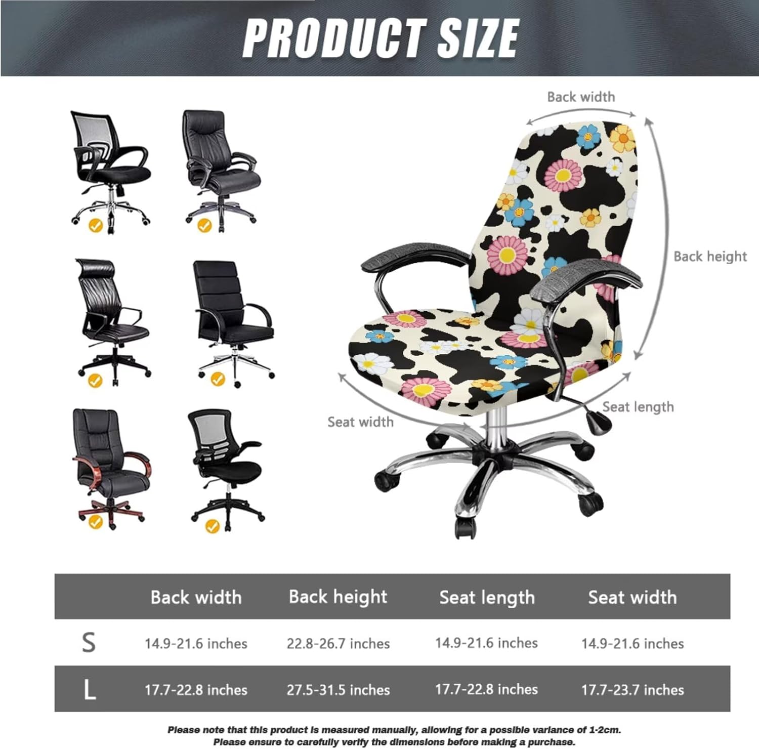 Office Chair Slipcover with 2 Pcs Armrest Cover Colorful Floral Cow Print Removable Swivel Boss Chair Cover Washable High Back Computer Armchair Protector, Small
