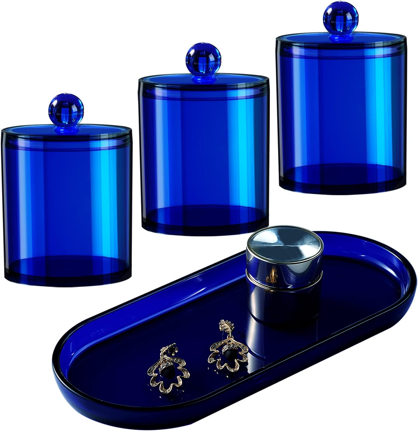 Qtip Holder Bathroom Set with Tray(4PCS) - 3 Pack of 15oz Acrylic Plastic Apothecary Jars Qtip Dispenser Canister with Lid and Labels, 1 Pack Bathroom Vanity Tray, for Cotton Ball, Cotton Swab (Blue)