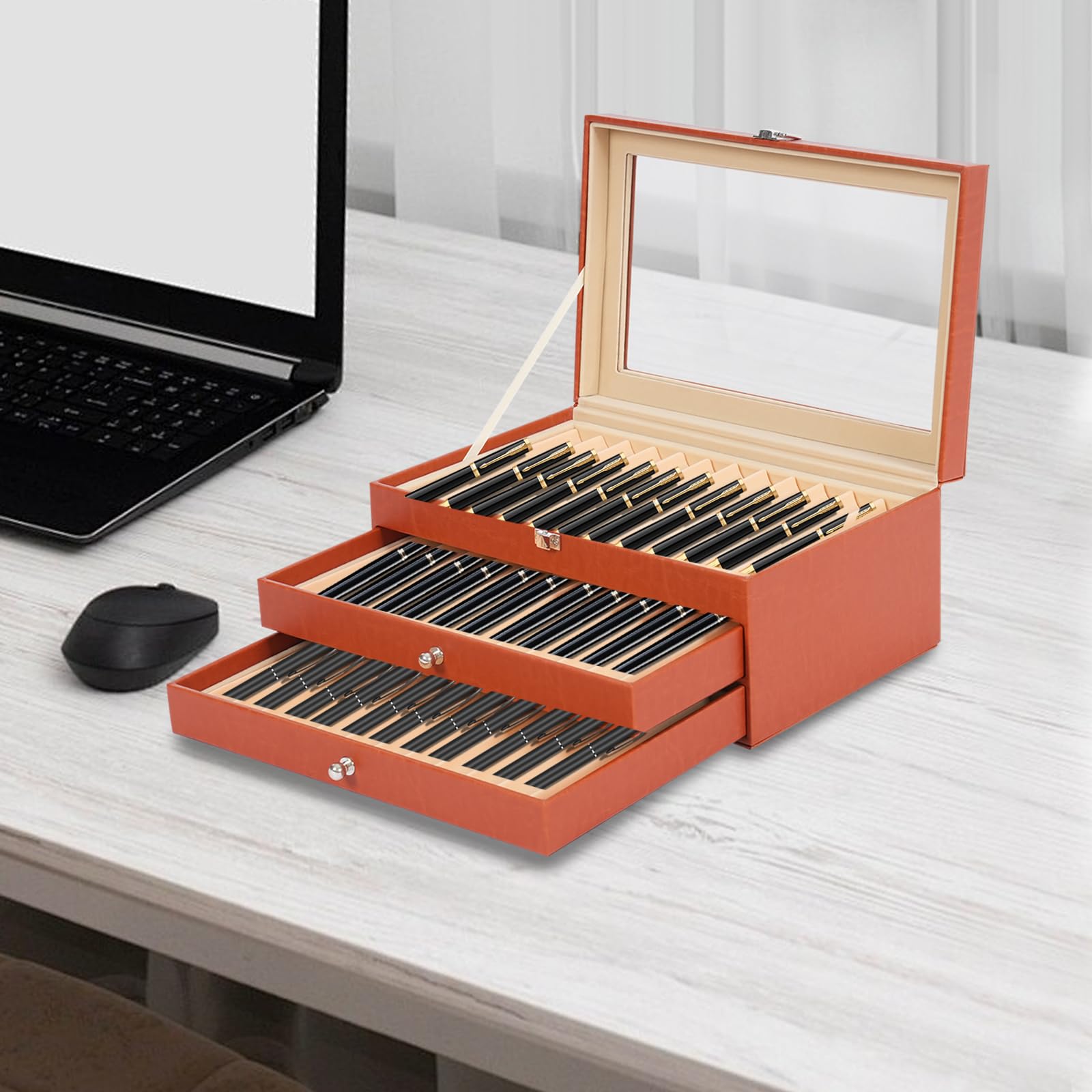 3-stopniowe pudełko do przechowywania, 36 sztuk, przybory do pisania, pudełko kolekcjonerskie, przezroczyste szkło z szufladami, skóra i flanela, organizer na długopisy, długopisy,