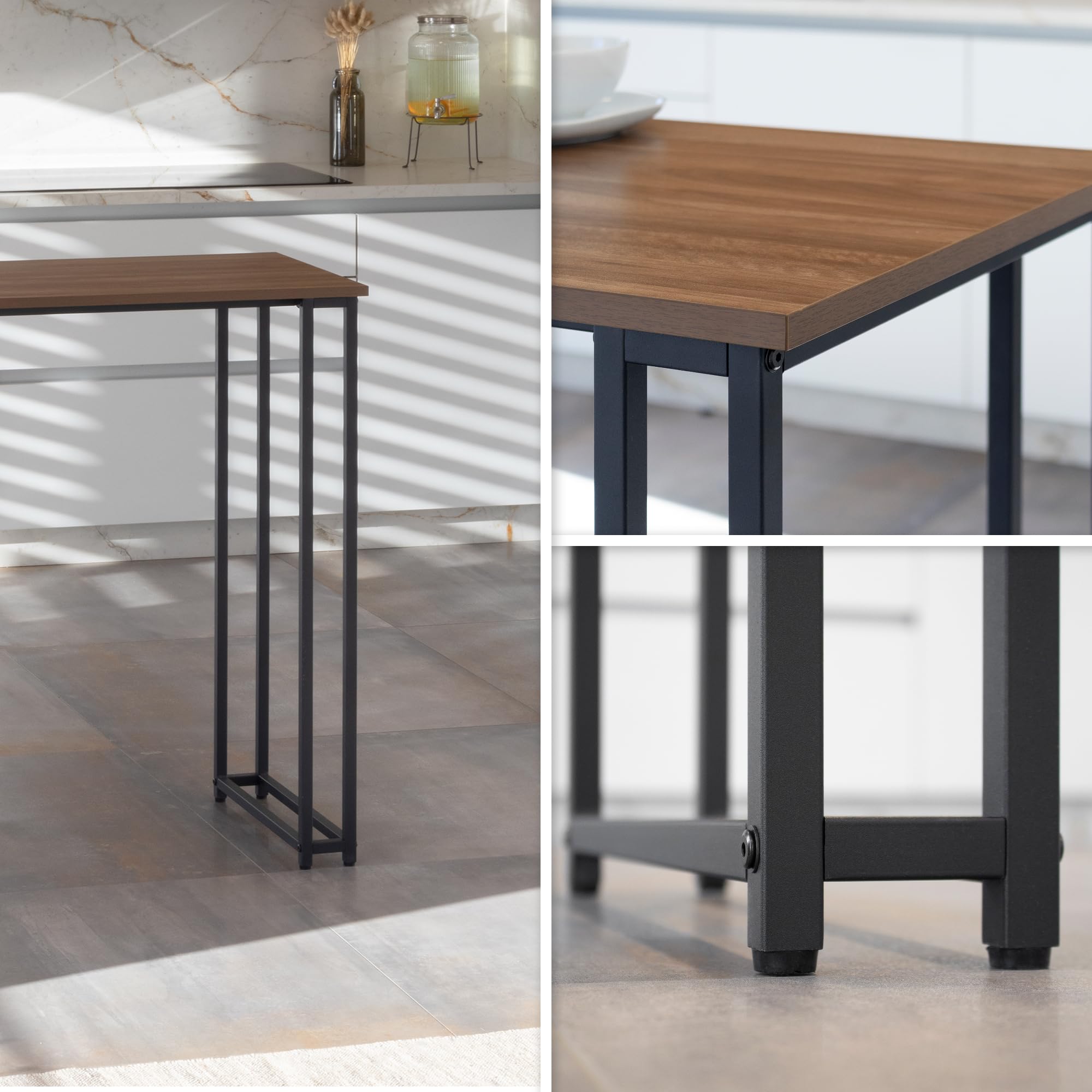 Gavin Mesa de Bar 110x50 cm | 105 cm de Altura | con 2 estantes y portavasos, Estructura de Acero, fácil de Montar, Estilo Industrial, Color Nogal