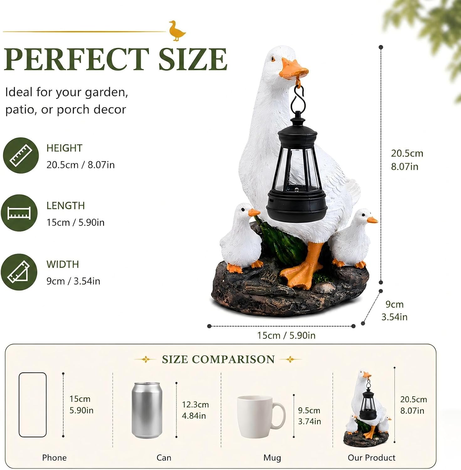 Solar Garden Duck Statue with Hanging Lantern, Outdoor Duck Figurine with 2 Ducklings, Waterproof Resin Animal Solar Lights for Yard Lawn Patio Decor, Garden Birthday Gift for Mom Women (White Duck)..