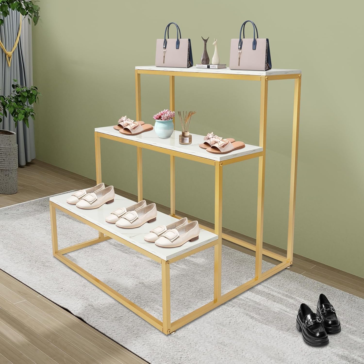Metal Shoe Handbag Display Table, 3 Tier Retail Nesting Display Stand, Heavy Duty Modern Standing Display Riser Shelf, Standing Clothing Shoes Table for Retail Stores