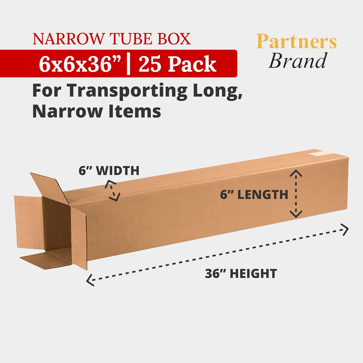 PARTNERS BRAND 6x6x36 Tall Corrugated Boxes, Tall, 6L x 6W x 36H, Pack of 25 | Shipping, Packaging, Moving, Storage Box for Home or Business, Strong Wholesale Bulk Boxes