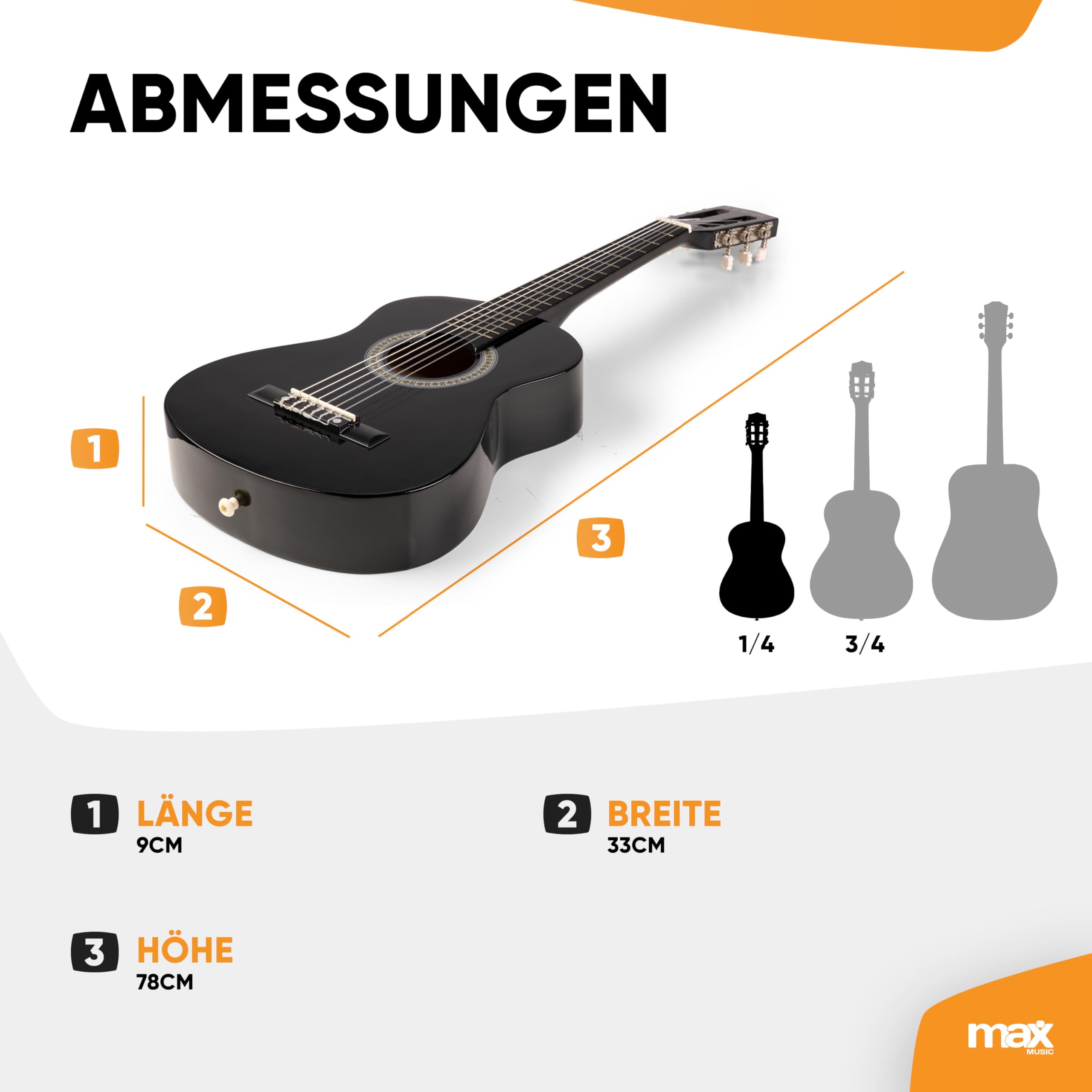 MAX SoloArt - 1/4 Gitarre Kinder ab 3 Jahre - Akustik Gitarre inkl. Gitarrenständer, Tasche, Plektrum, Gurt und Saiten-Zubehör, Kindergitarre 3 Jahre - Guitar in Schwarz
