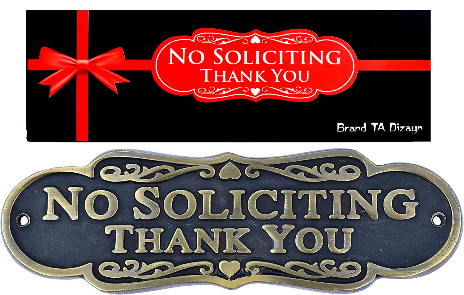 Brass Finish 'No Soliciting Thank You' Sign – 8-Inch Solid Aluminum Wall Plaque