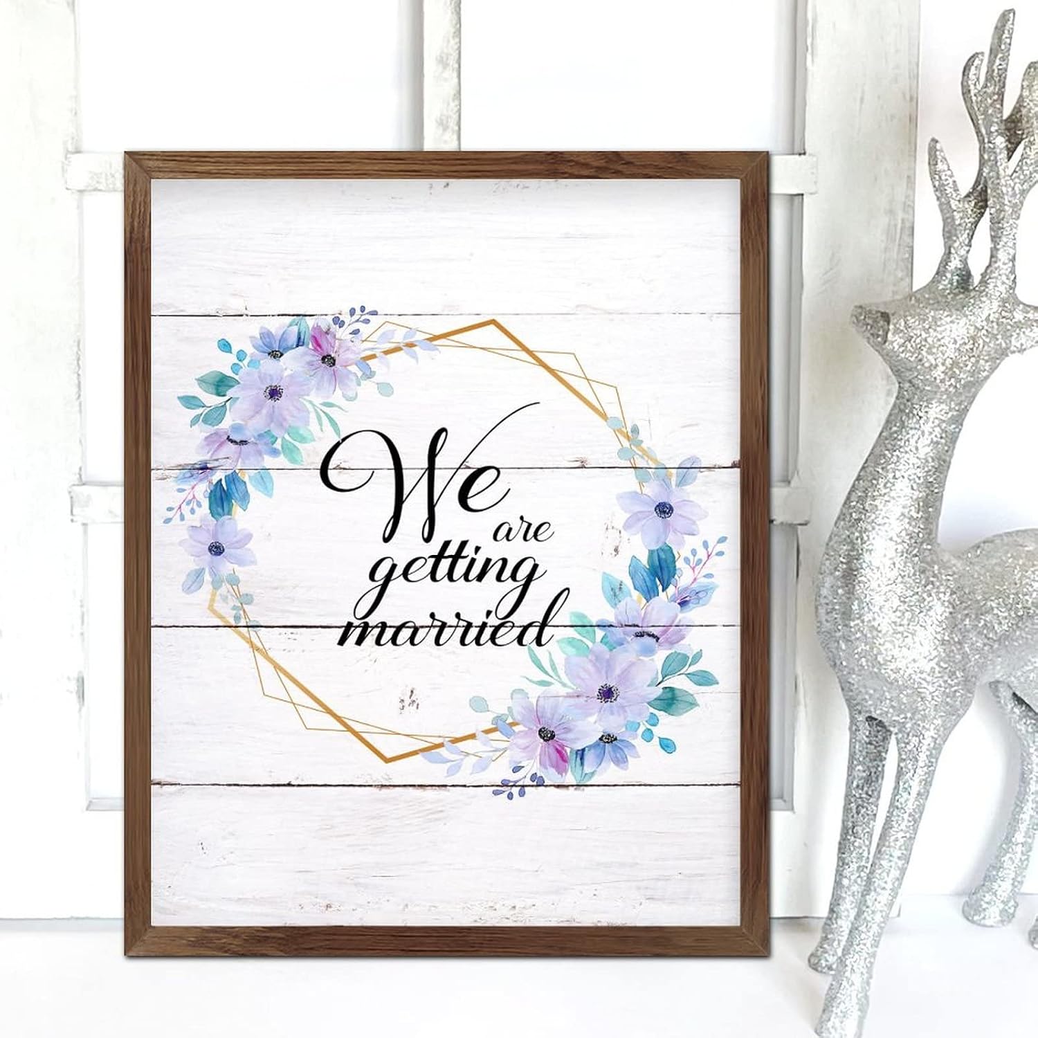 We are Getting Married Wood Framed Signs Spring Wild Flower Wreath Wall Art Sign Classic Nature Plants Home Wall Decoration for Living Room Bedroom Front Door Office 20x16inch