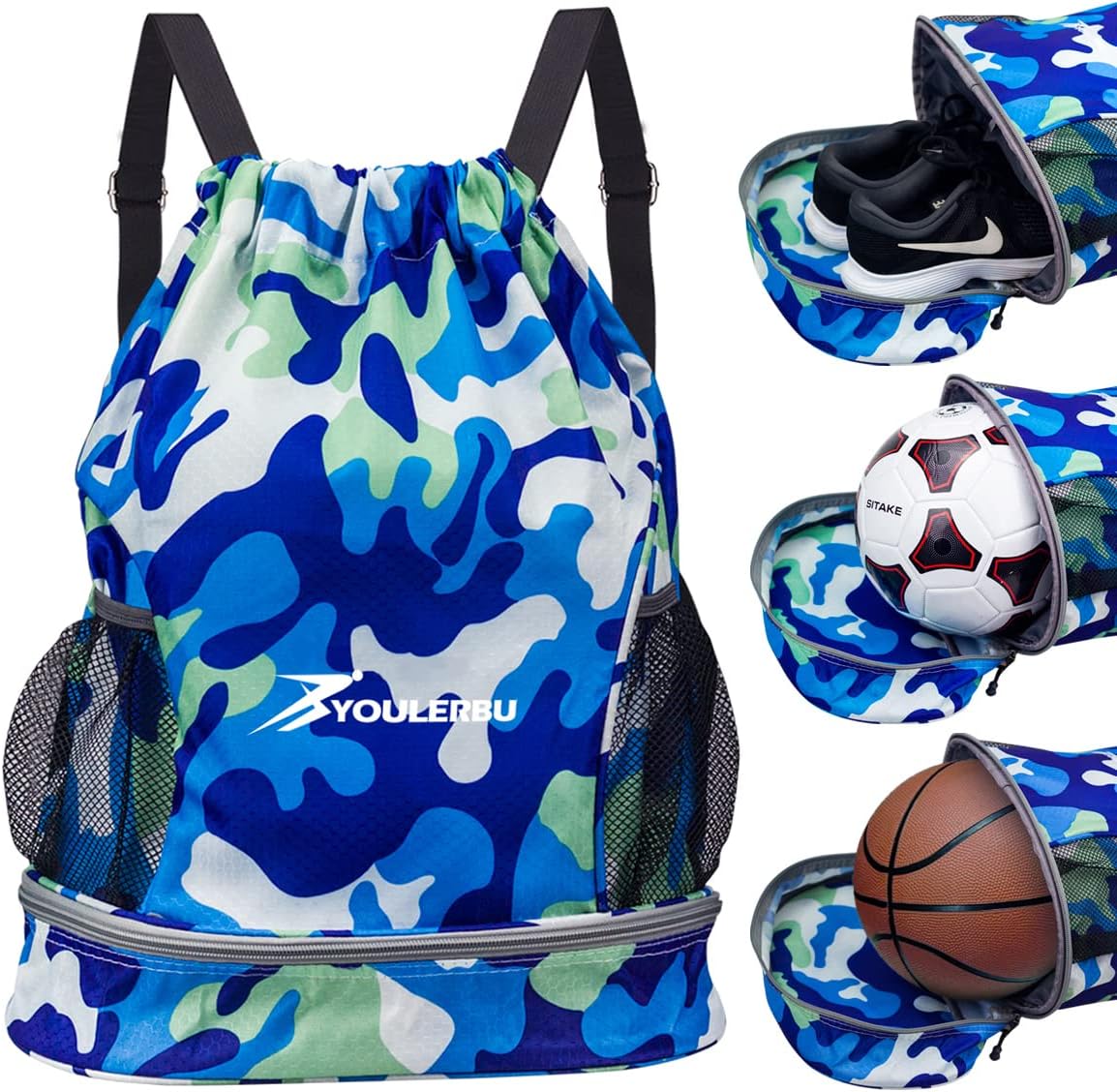 YOULERBU Dry Wet Drawstring Backpack Bag with Shoe Compartment Sackpack Heavy Duty String Bag Sports Gymsack Swim Beach Bag Camoblue